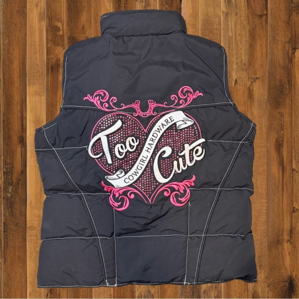 Cowgirl Hardware “Too Cute” Puffer Vest – Black & Pink Embroidered – Girls XS